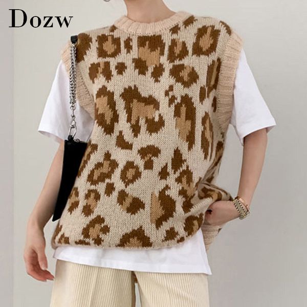 

high street leopard sweater vest women o neck pullover sweaters sleeveless loose fashion knit ladies autumn spring 210414, White;black