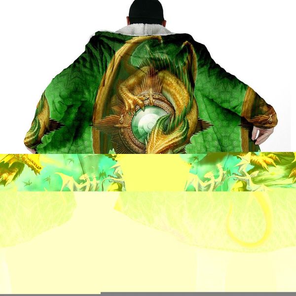 

men's wool & blends thick warm hooded cloak for men tattoo and dungeon lava dragon overcoat coat print windproof fleece cape robe blank, Black