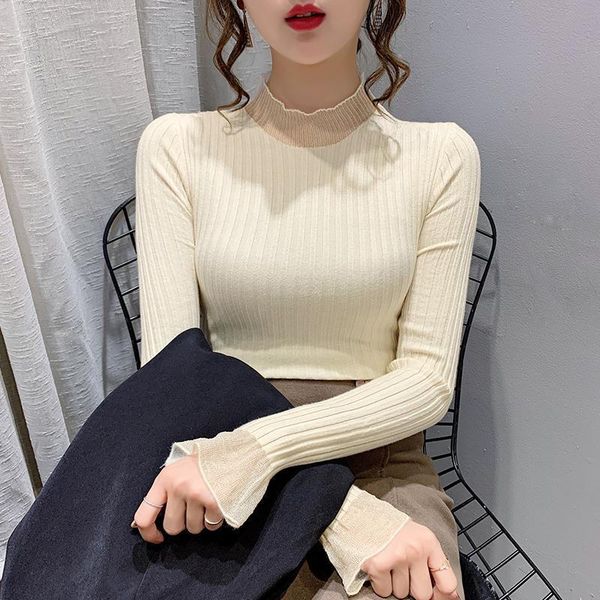 

women's sweaters autumn knitted sweater women winter long sleeve knitwear elastic basic korean style pullover solid mock neck lace z21, White;black