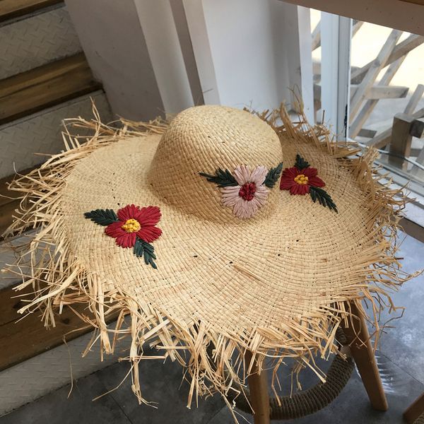 

spring summer national style manual crochet flower big along lafite rough edge holiday beach grass hat, Black;white