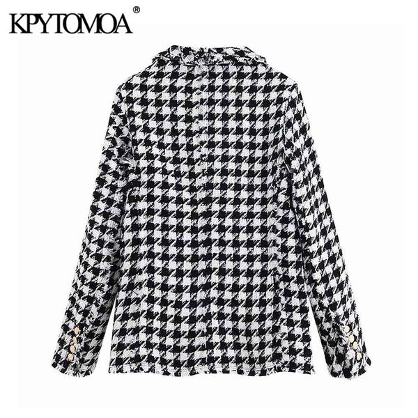 

kpytomoa women fashion double breasted houndstooth tweed blazers coat vintage long sleeve frayed trim female outerwear chic 201012, White;black