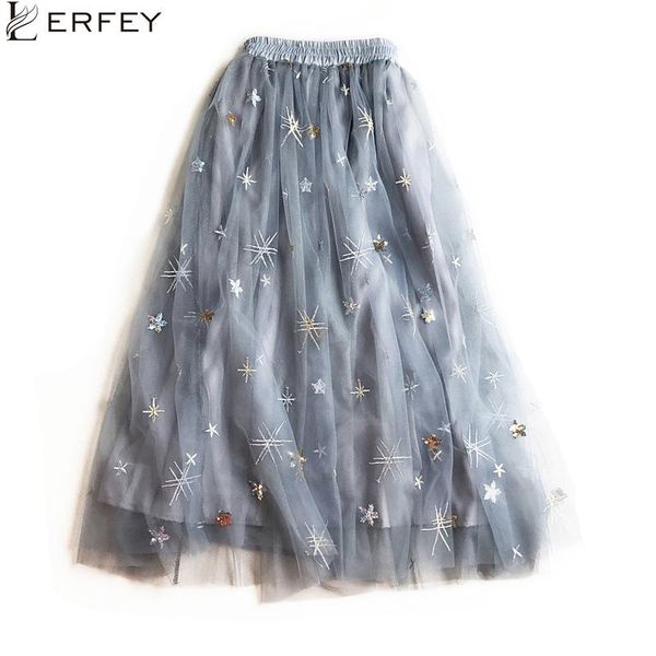 

skirts lerfey elegant tulle long pleated skirt women summer autumn star embroidery a-line tutu lace mesh midi bling, Black