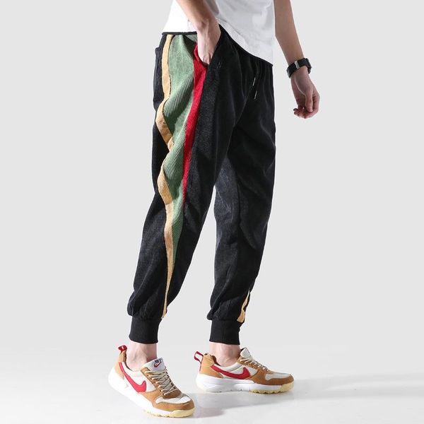 

men's pants prowow 2021 autumn fashion casual corduroy men loose fit colorful stripe spliced cargo big size m-5xl streetwear, Black