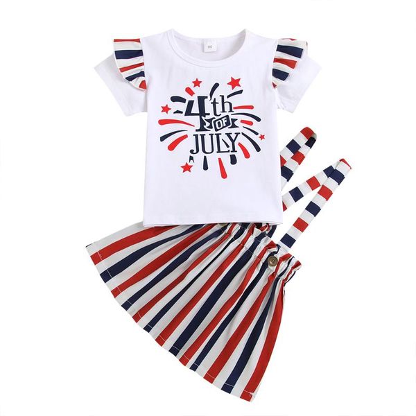 

infant independence day kid girls clothes outfits letter print sleeve t-shirt + striped printed suspender skirt clothing sets, White