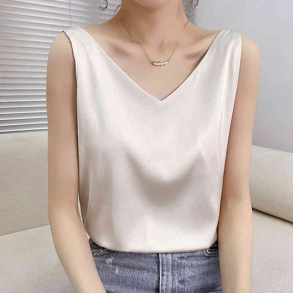

Summer Womens T-shirt Shiny Satin Silk Harajuku Women Sleeveless Fashion Sexy Woman Tee Casual Female, White