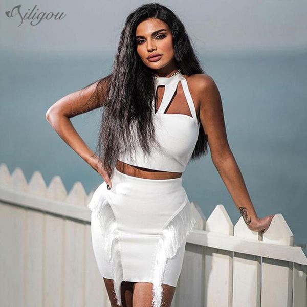 

two piece dress ailigou 2021 women's white full sleeveless hollow tassel two-piece bandage suit celebrity designer fashion set