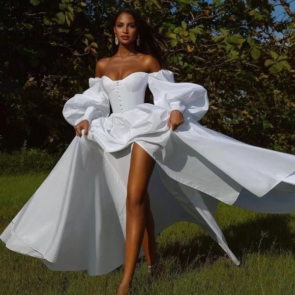 

elegant white wedding dresses off the shoulder bridal gowns fluffy long sleeve satin buttons vestido de novia