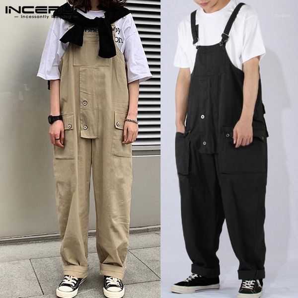 

men's pants incerun korean harajuku men solid color straight leg casual cool suspender jumpsuit street mens rompers overalls joggers, Black