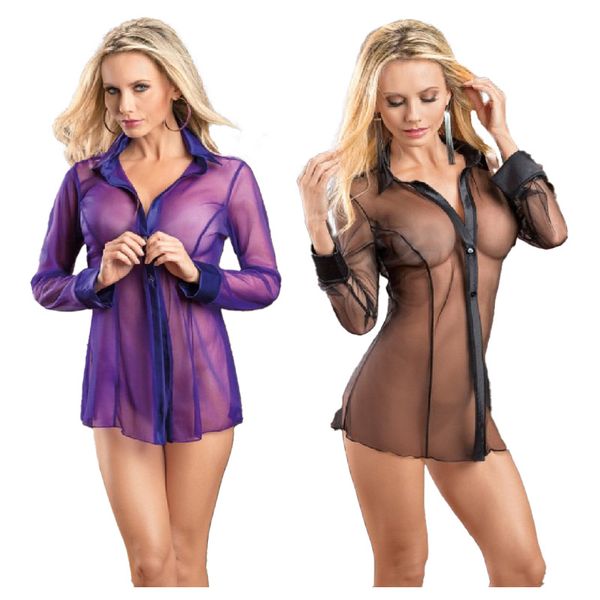 

pajamas pyjamas perspective shirt long sleeve nightgown temptation underwear shirts transparent loose breathable girlfriend gift ych, Black;white