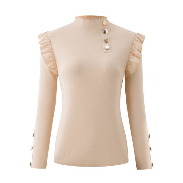 

women's knits plus size autumn winter women blouse long sleeve knitwear rib ruffle buttons blouse basic shirt, White