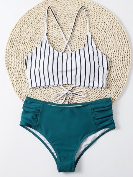 

striped ruched high waisted bikini swimsuit 27je#, White;black