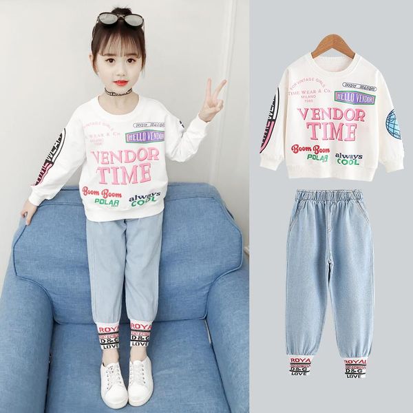 

girls kids long sleeve pullovers + pants hip hop fashion trendy tracksuits chic print letter female 2 piece set streetwear clothing sets, White