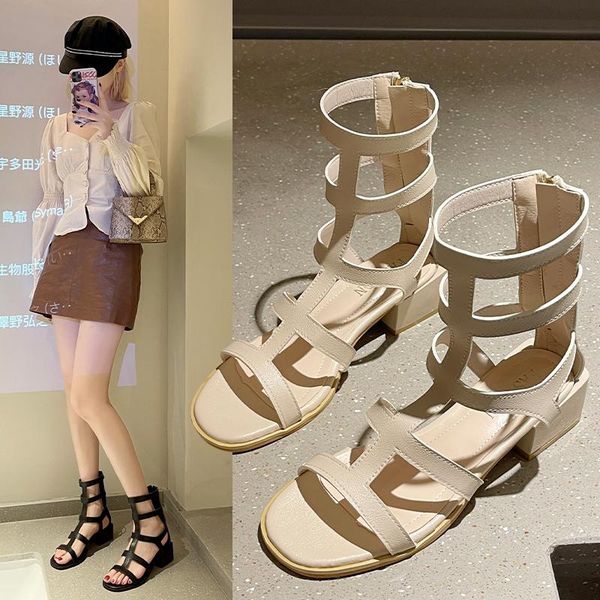 

sandals roman women's thick heel straps ins tide net boots high hole shoes fairy air-cooled hollow, Black