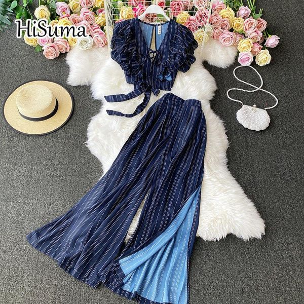 

women's two piece pants 2021 summer female stripe v-neck lace-up ruffles chiffon shirts + high waist split wide leg two-piece sets wome, White