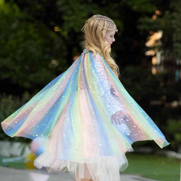 

halloween costume girls outfits girl dress rainbow sequin princess shawl child birthday clothes kids cosplay clothing tulle cape, Red;yellow