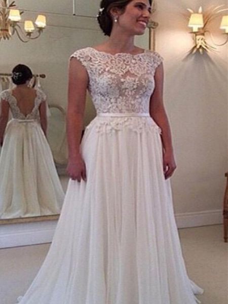 

other wedding dresses elegant o-neck princess a-line backless lace appliques chiffon sleeveless bridal dress, White