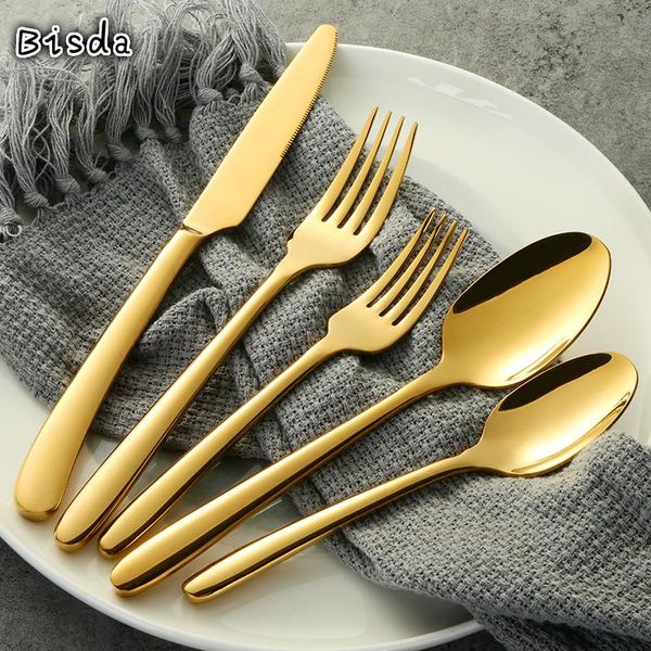 

dinnerware sets 5pcs western set stainless steel cutlery knife fork spoon golden flatware luxury tableware wedding party tool