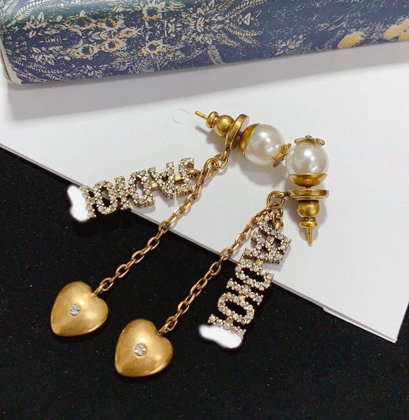 

luxury designer fashion diamond pearl family earrings dijia dual-purpose d letter rear jewelry hanging 925 silver needle net red, Red;brown