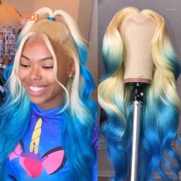 

ombre blonde blue human hair wig for women glueless 13x4 hd transparent lace front wigs 180% body wave colored frontal1, Black;brown