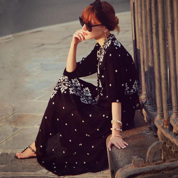 

casual dresses beach dress full bohemia plus size loose embroidery national trend fluid one-piece vestido de praia playa, Black;gray