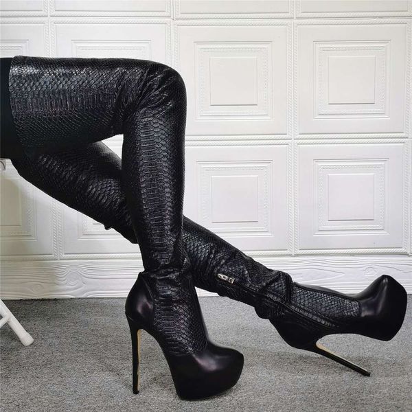 

water platform high heel python knee size 47 women's boots thigh, Black