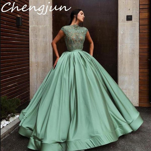 

party dresses chengjun luxury vintage high-neck cap sleeve green lace bodice dubai evening dress, White;black