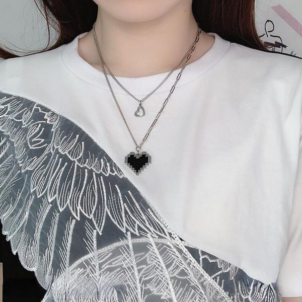 

pendant necklaces ins black mosaic love pixel peach heart double layer titanium steel necklace cold hip hop clavicle chain women gifts, Silver