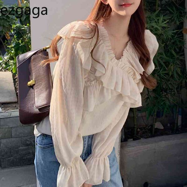 

ezgaga korean fashion sweet elegant women blouse spring all-match long sleeve solid loose office lady shirts casual 210430, White