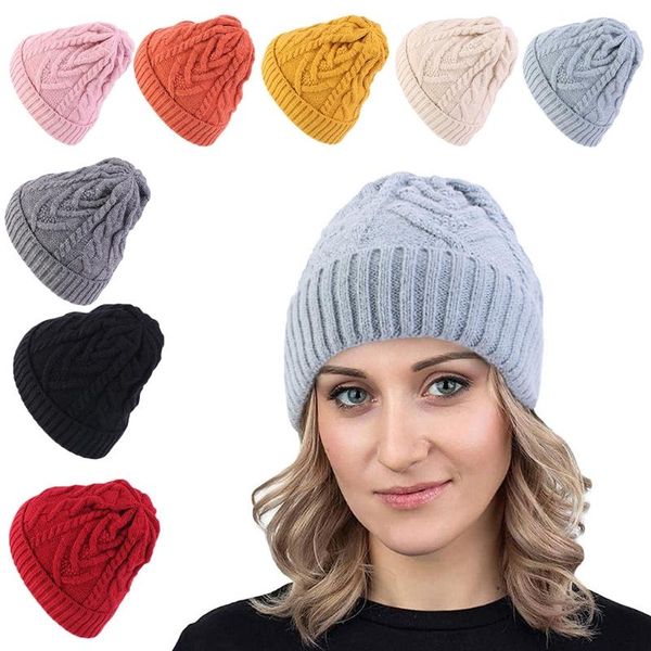 

beanie/skull caps women winter faux fleece lining beanie hat rhombus striped chunky cable knitted cuffed skull cap solid color windproof ear, Blue;gray