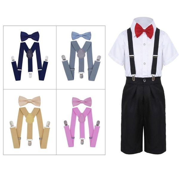 

wide brim hats suspenders set for children adjustable polyester material y-shape clips kids braces with bow tie, Blue;gray