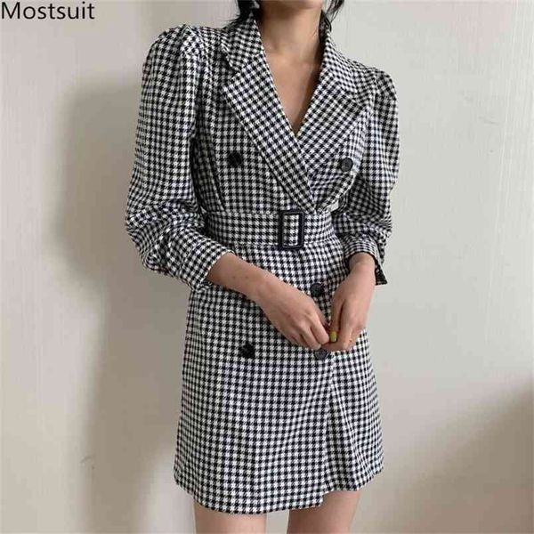 

autumn winter women dress vintage elegant houndstooth plaid long sleeve sashes office dresses ropa mujer 210513, Black;gray