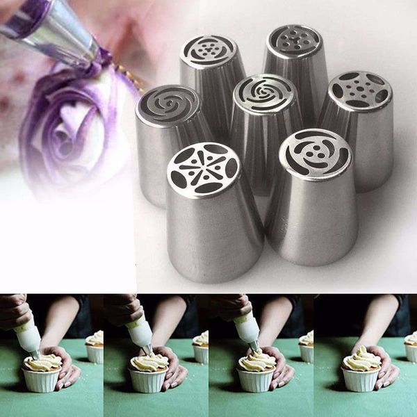 

7pcs/set Russian Nozzle Stainless Steel Rose Flower Shape Russian Nozzle Fondant Icing Piping Tip Pastry Tube Cake Decorate Tool VT0442