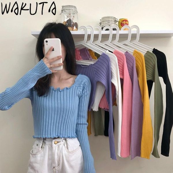 

knitted short base sweaters women 2021 fall slim elegant square collar ruffles pullovers simple fashion crop women's, White;black