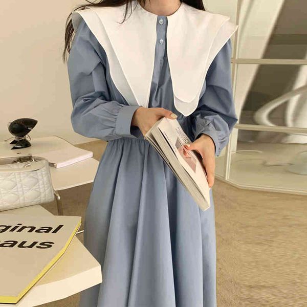 

spring female casual asymmetrical peter pan collar empire waist solid color single breasted long sleeve dress 8p038 210510, Black;gray