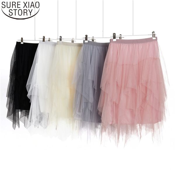 

summer fashion sweet women solid mesh ball gown pink 5 colors tulle skirt casual high waist short mini skirts 9672 210417, Black