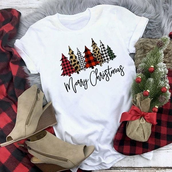 

cartoon plaid tree year womens t shirt print merry christmas female graphic tee tees shirts, White