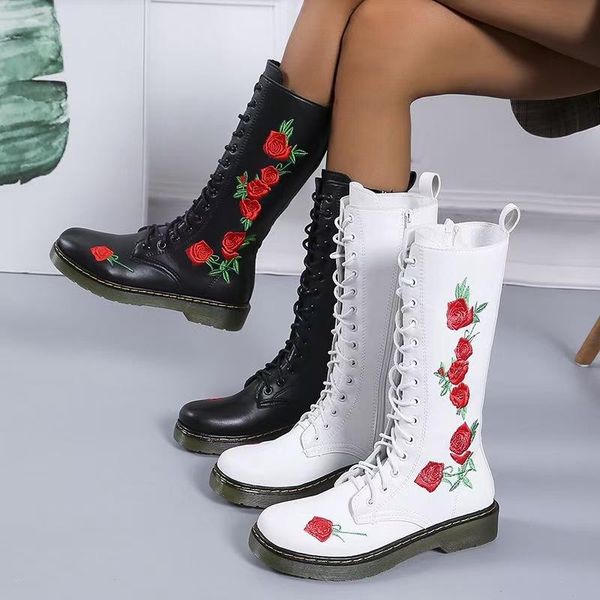 

boots 2021 women fashion autumn winter casual shoes leather mid-calf rose embroidery black white