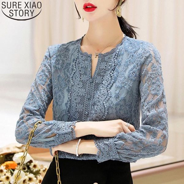 

women's blouses & shirts 2021 long sleeve lace shirt blue vintage women autumn office lady elegant clothes blusas o-neck 11303, White