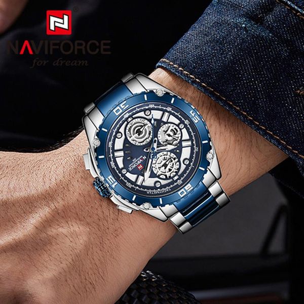 

wristwatches big naviforce watches men stainless steel watch business quartz wristwatch male clock relogio masculino, Slivery;brown
