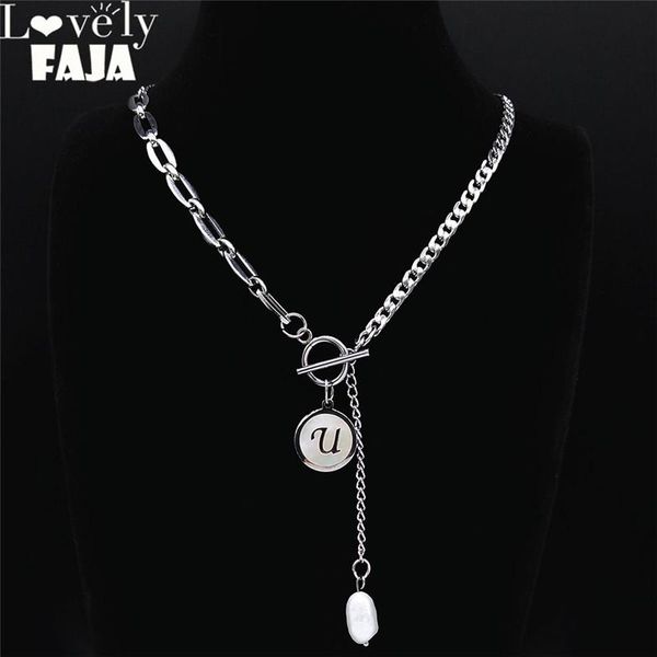 

pendant necklaces hip hop stainless steel shell pearl u letter for women silver color tassel choker jewelry pendente nu7000s03