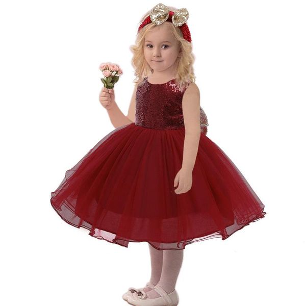 

baby girl dress sequins bowknot lace pageant party wedding tutu gown dresses with hairband cute princess for girls vestido girl's, Red;yellow