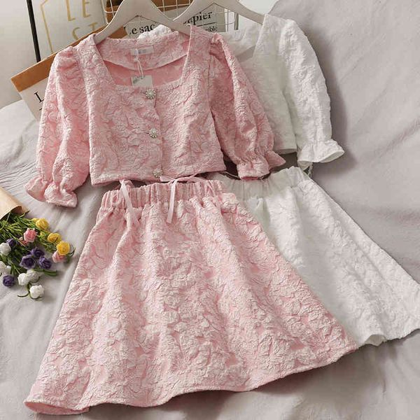 

summer fashion button square-neck short with lace-up slim fluffy skirt two-piece pleated pattern sets female two piece suit 210420, White