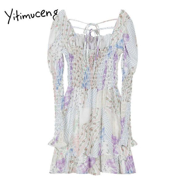 

yitimuceng flounced edge print dresses women loose white spring high waist long sleeve o-neck sweet fashion clothes 210601, Black;gray
