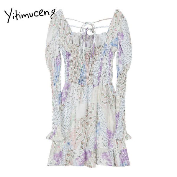 Yitimuceng Flounced Edge Vestidos de Impressão Mulheres Solto Branco Primavera Cintura Alta Manga Longa O-Pescoço Doce Moda Roupas 210601