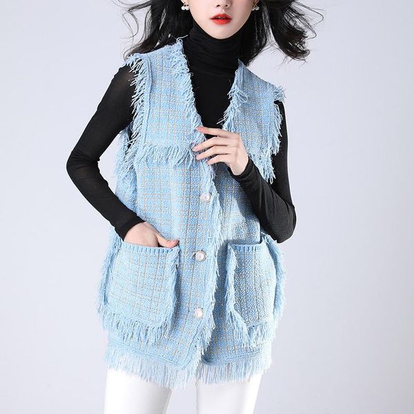 

women's vests korean single breasted sleeveless vest jacket women elegant tassel cardigan waistcoat vintage outwear chalecos para mujer, Black;white