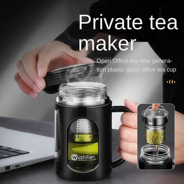 

480ml / 550ml tea-water separation large-capacity drop-proof glass double-layer heat-resistant household tea cup with lid wine glasses