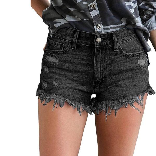 

women's shorts summer mid waist denim fringe frayed ripped jeans casual short pants drop, White;black