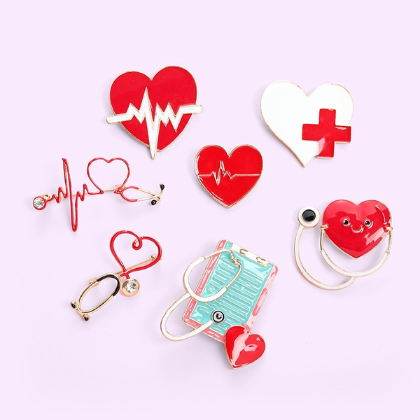 

5pcs/set creative trendy cartoon stethoscope oil drop lapel brooch badges pin denim bag gift men women fashion jewelry cloth decoration, Slivery;golden