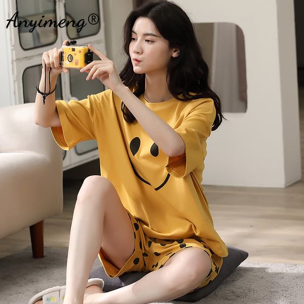 

women pajamas 100% cotton sleepwear yellow smile printing chic leisure home clothing summer shorts pjs for woman, Black;red