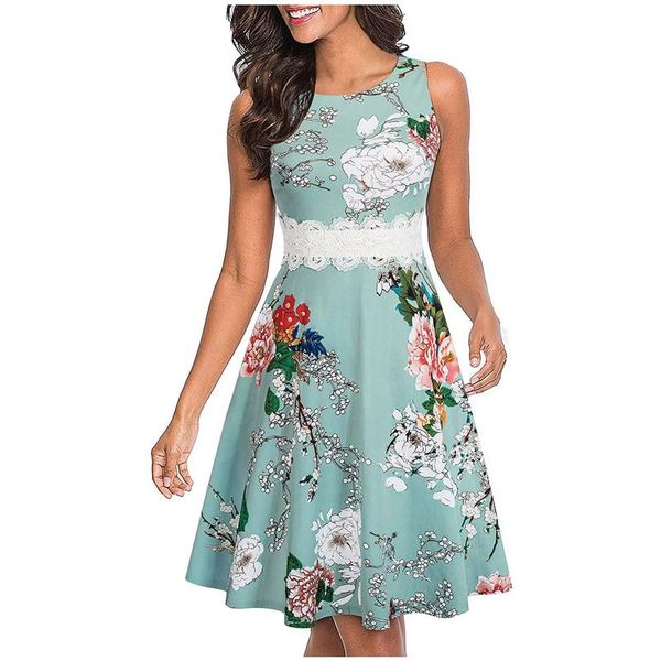 

casual dresses elegant pleated dress women vintage sleeveless foral printing a-line party lace tank formal office lady, Black;gray